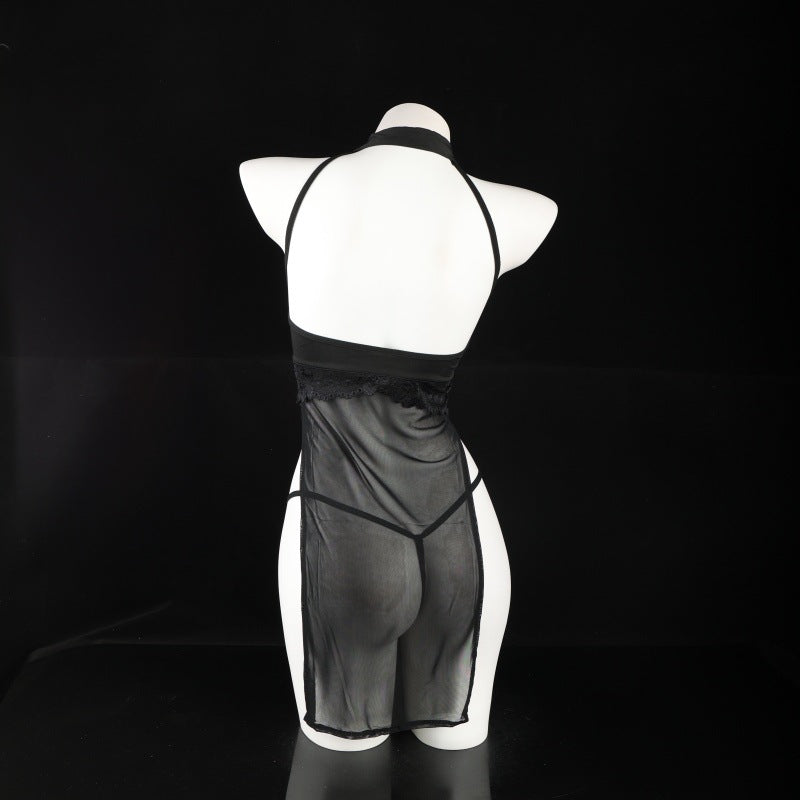 LS Sexy Lingerie Sexy Temptation One-Piece No-Take-Off Halter Cheongsam Passionate Hollow High-Slit Pajamas