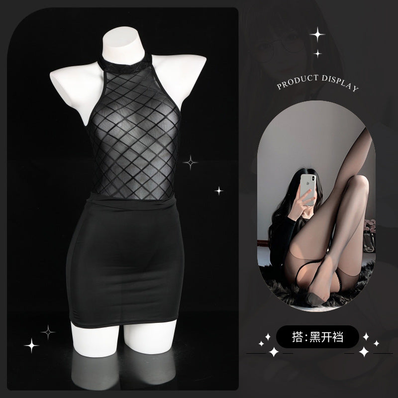 LS Sexy Lingerie Sexy Pure Desire See-Through Mesh Jumpsuit Hip-Covering Short Skirt Secretary Suit 8073