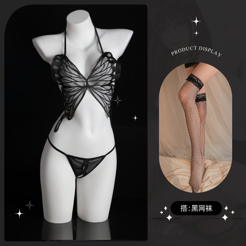 LS Sexy Lingerie Sexy Lace Butterfly Perspective Pure Desire Small Breast Three-Point Bellyband Free Take-Off Suit 8339