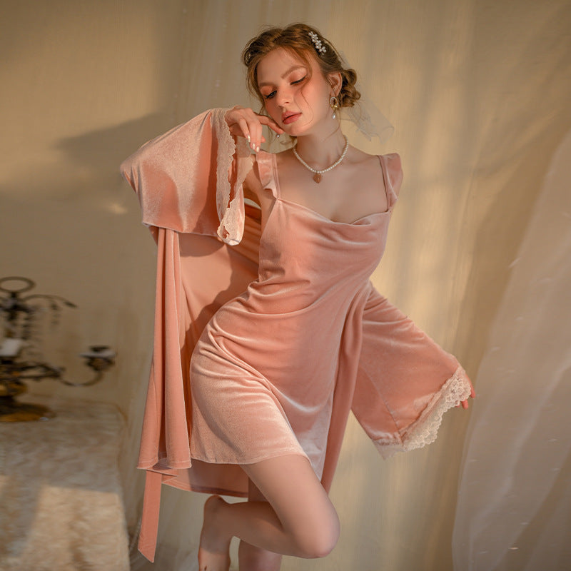 Ying sexy pajamas suit women's Velvet Pure desire wooden ear strap nightdress lace stitching deep V home wear
