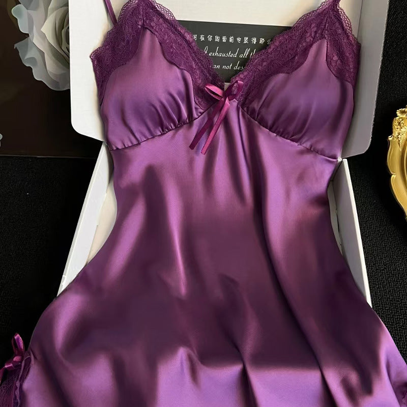 Sexy Pajamas Women's Pure Ice Silk Lace Stitching Strap Chest Pad Nightdress Purple Flavor Home Wearing plus size