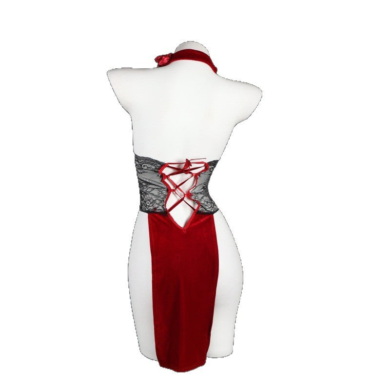 LS Sexy Underwear Lace Perspective Super Spicy Temptation High Waist Split Free Rose Dancer Cheongsam 9252