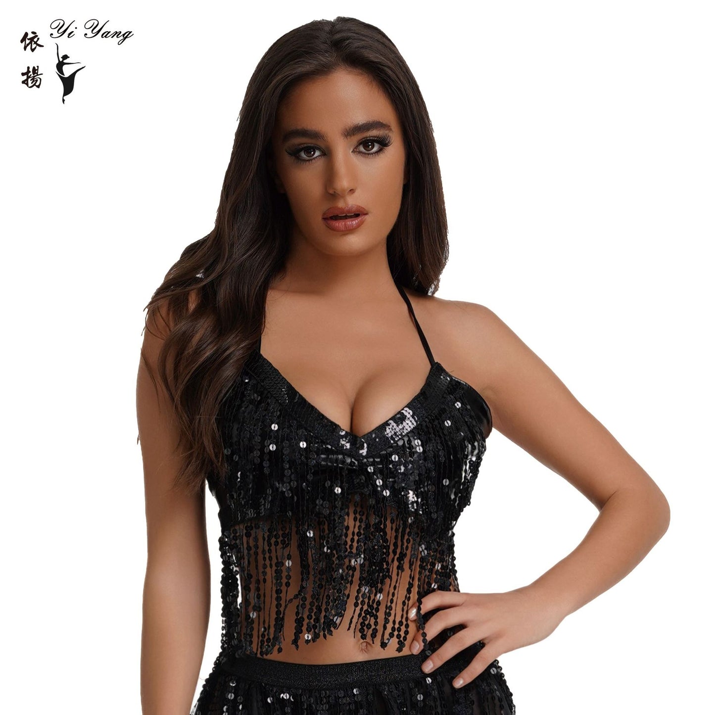 Halloween European and American sequined performance top belly dance tassel top nightclub stage strap party bra