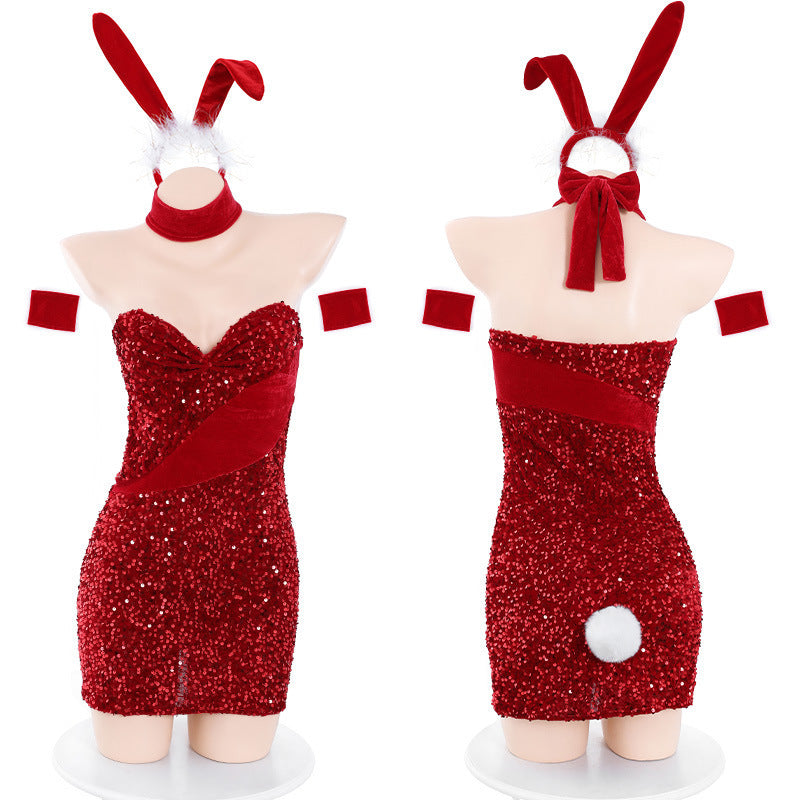 New Year Sexy Lingerie Velvet Sequins Christmas Bunny Sexy Lingerie Pajamas Tempting Outer Wear