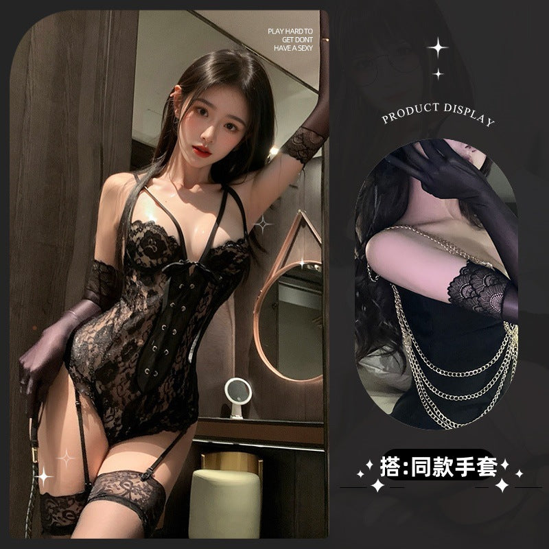 LS Sexy Underwear Sexy Purple Lace Jumpsuit Small Breast Women's Uniform Pure Desire Strap Suit 8091