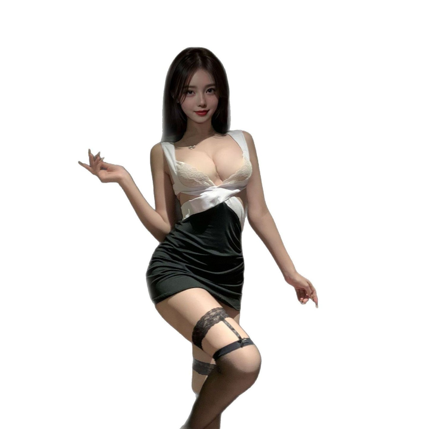 Ying Deep V Cross Cut Out Exposed Breasts Secretary Outfit Lace See-Through Sexy Hip-Covering Nightclub Dress Sexy Intimates