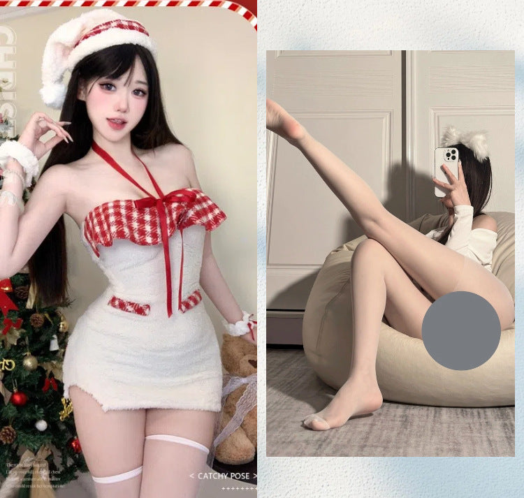 Sexy Hanging Neck off-Shoulder Tube-Shoulder Velvet Hip Dress Christmas Dress COS Halloween Sex Lingerie Christmas War Dress