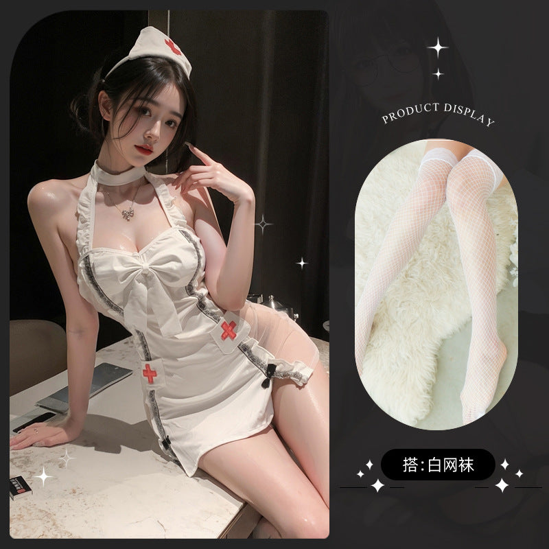 LS Sexy Lingerie Suspender Nurse Uniform Transparent Sexy Women's Uniform Suit Free of Taking Off Flirting Pajamas 8303