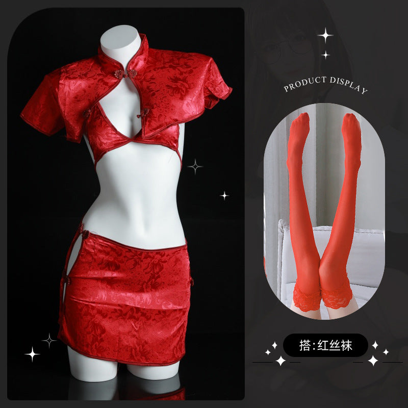 LS Sexy Lingerie Retro Jacquard Button Slit Cheongsam Style High-Slit Sexy Vintage Uniform 8202