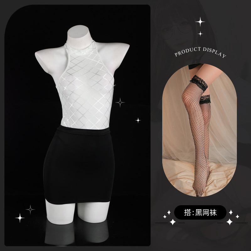 LS Sexy Lingerie Sexy Pure Desire See-Through Mesh Jumpsuit Hip-Covering Short Skirt Secretary Suit 8073