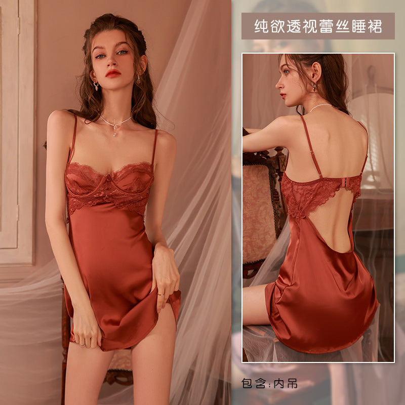 Ying French Lace Satin Sling Nightgown Sexy Deep V Temptation Pajamas Women's Home Clothes Set Customized by Manufacturers