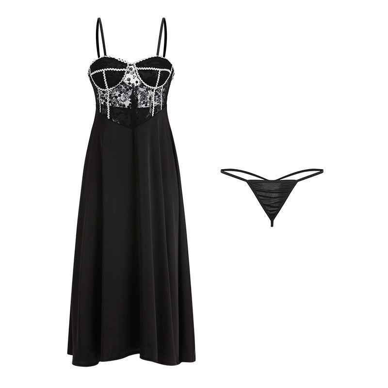 3034 Ying Autumn and Winter Sexy Push-up with Chest Pad Small Chest Pure Lace Sling Nightgown Women's Court Style Home