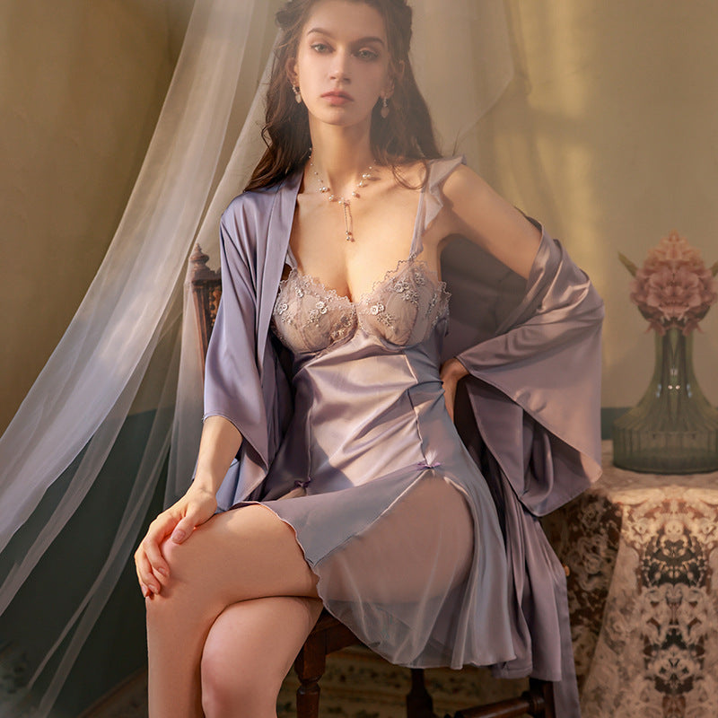 3051 Ying plus size summer ice silk lace nightdress strap sexy pajamas women's summer pure desire style with chest pad