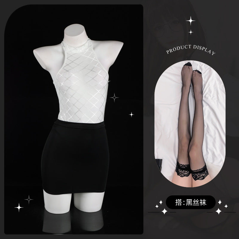 LS Sexy Lingerie Sexy Pure Desire See-Through Mesh Jumpsuit Hip-Covering Short Skirt Secretary Suit 8073