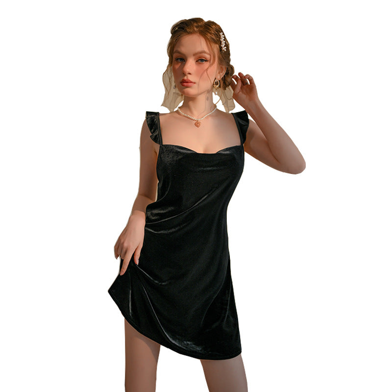 Ying sexy pajamas suit women's Velvet Pure desire wooden ear strap nightdress lace stitching deep V home wear