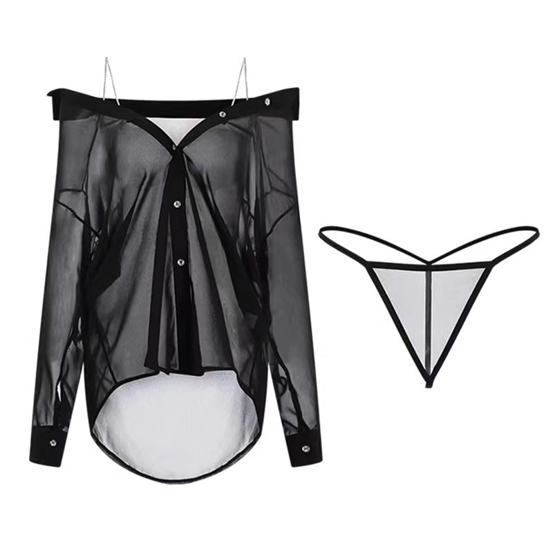 2231 Ying Sexy Underwear Sexy Pajamas Women's Pure Desire Boyfriend Style Shirt Perspective Temptation Sling Nightgown Set
