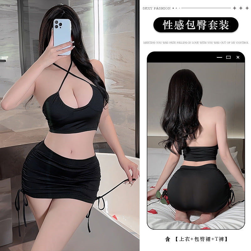 Ying Sexy Deep V-Hanging Neck Sexy Suit Drawstring Hip Skirt Hot Passion Free from Pure Desire Sexy Underwear for Women