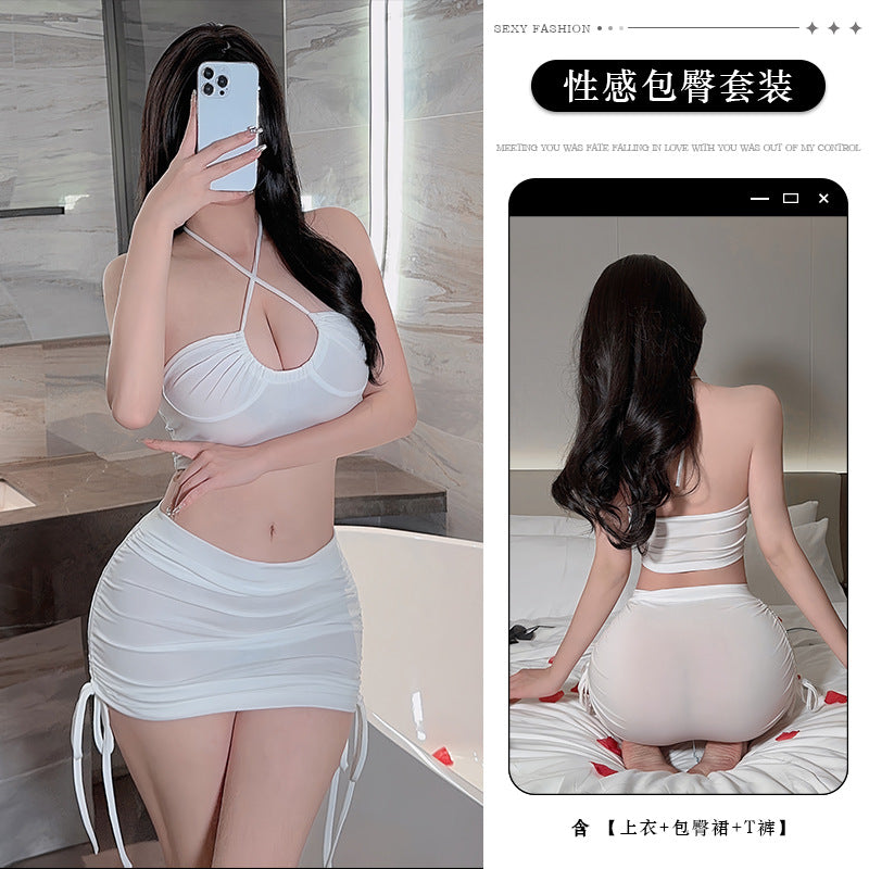 Ying Sexy Deep V-Hanging Neck Sexy Suit Drawstring Hip Skirt Hot Passion Free from Pure Desire Sexy Underwear for Women