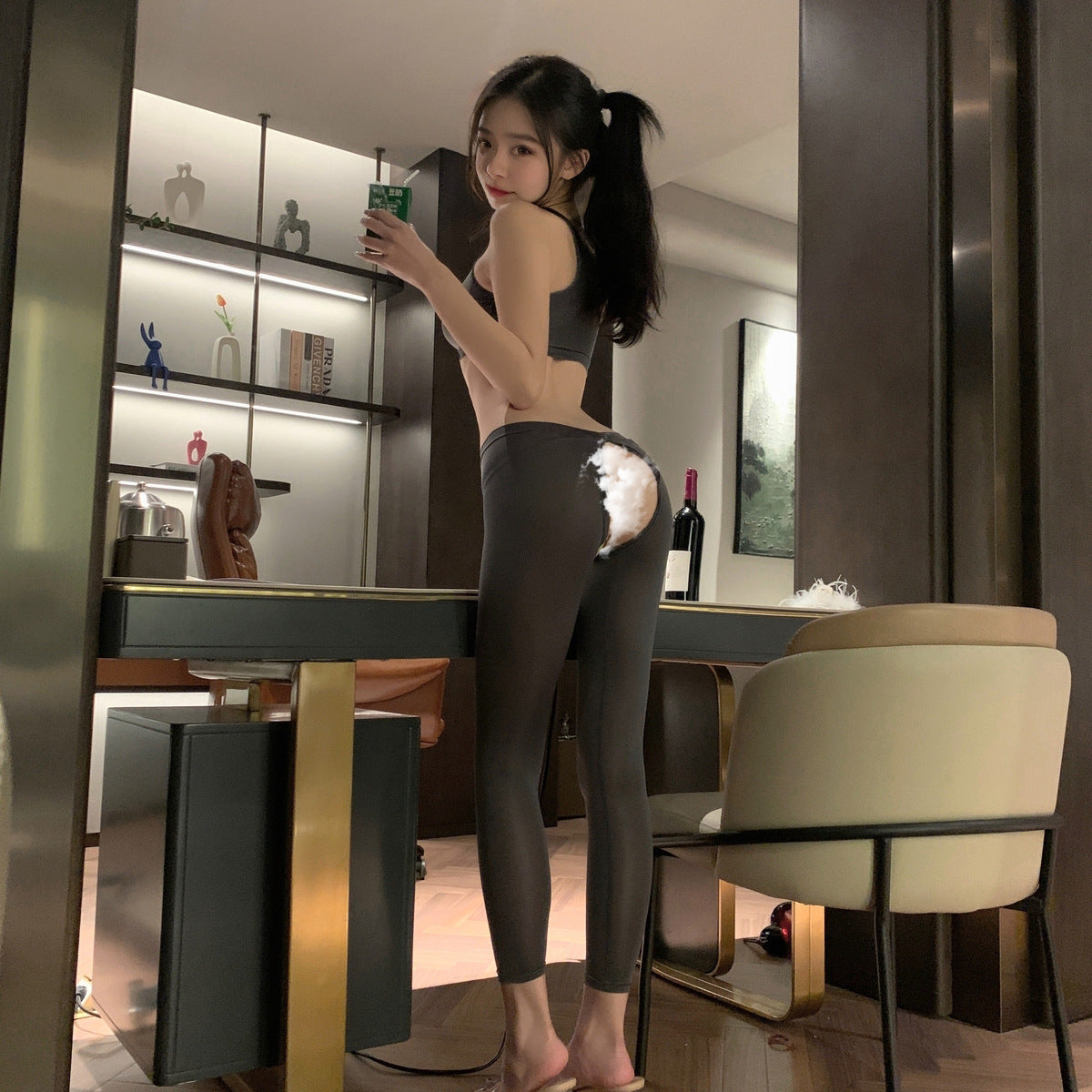 LS Sexy Lingerie Sexy No-Take-Off Zipper Exposed Buttocks Open Crotch Yoga Pants Stretch Women's Fitness Suit 8649