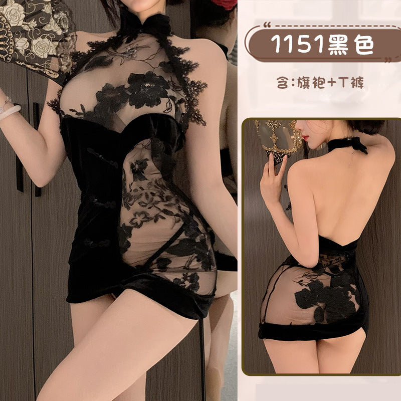 Xin Ying Sexy Underwear Sexy Lace Embroidery Perspective Backless Women's Bag Hip Retro Cheongsam Uniform plus size suit