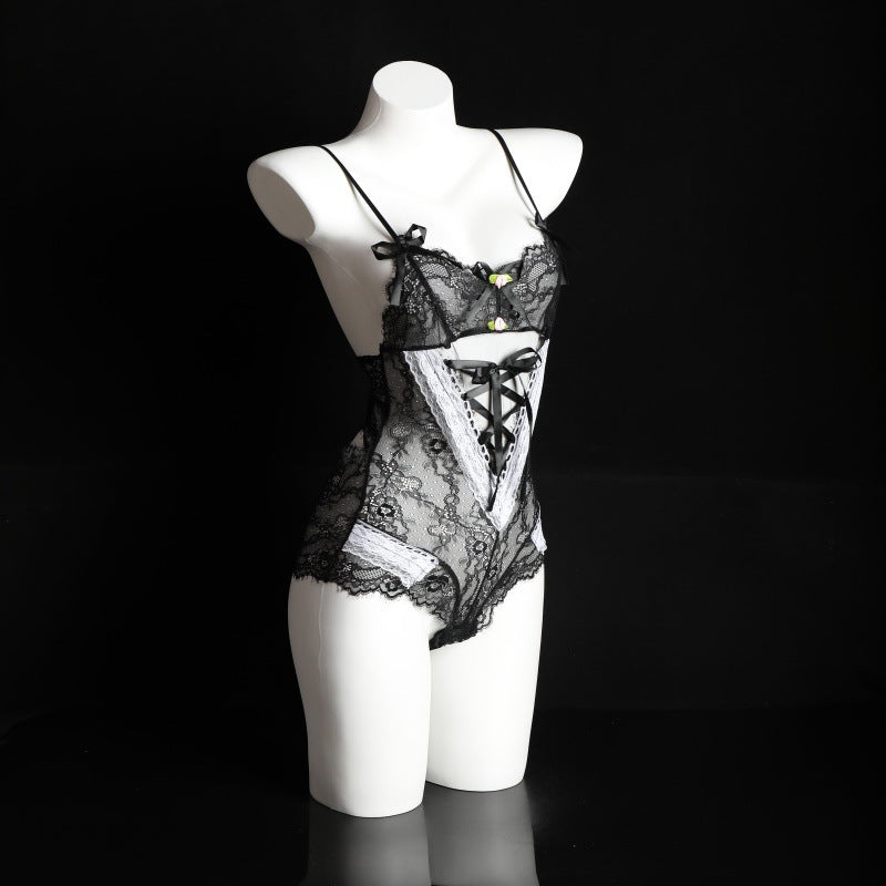 LS Sexy Lingerie Strap Sexy Maid Uniform Temptation No-Remove Small Chest Lace One-Piece Open Crotch 8040