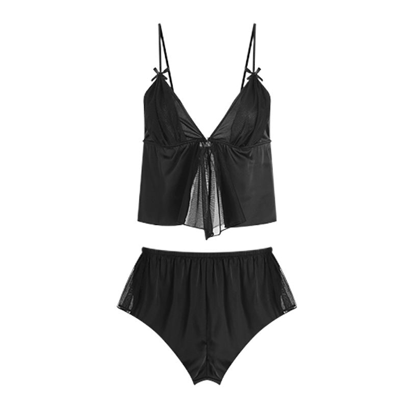 Sexy Pajamas Women's Summer New Ice Silk Nightgown Pure Light Luxury Home Clothes Mesh Perspective Sling suit 3089