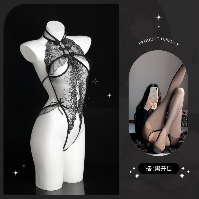 LS Sexy Lingerie Sexy Cheongsam Lace Pure Desire Temptation Open Nightgown Sweet Backless Uniform 8138