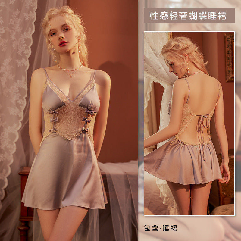 3054 Ying Sexy Pure Desire Lace Backless Strap Skirt Hollow Temptation with Breasts Cotton Bow Mesh Home Clothes