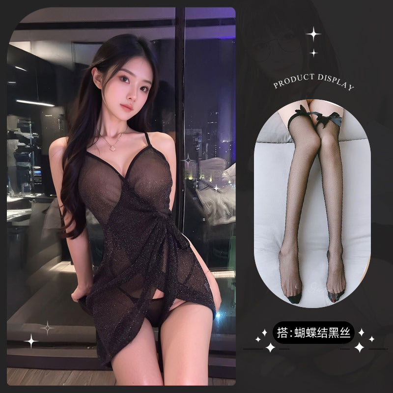 LS Couple Fun Underwear See-Through Sexy Lace-Up Silver Silk Hip Skirt Sexy Underwear Suspender Skirt 9273