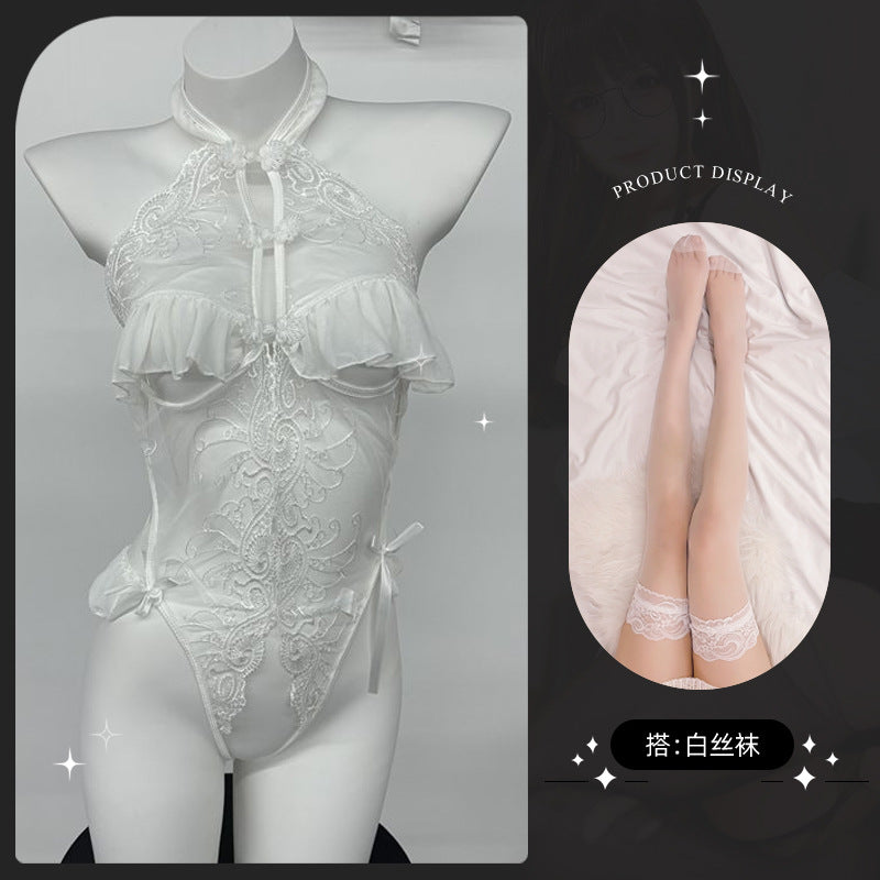 LS Sexy Lingerie Sexy Cheongsam Lace Pure Desire Temptation Open Nightgown Sweet Backless Uniform 8138