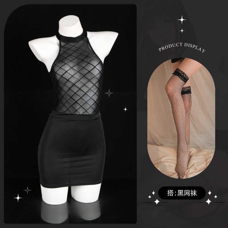 LS Sexy Lingerie Sexy Pure Desire See-Through Mesh Jumpsuit Hip-Covering Short Skirt Secretary Suit 8073