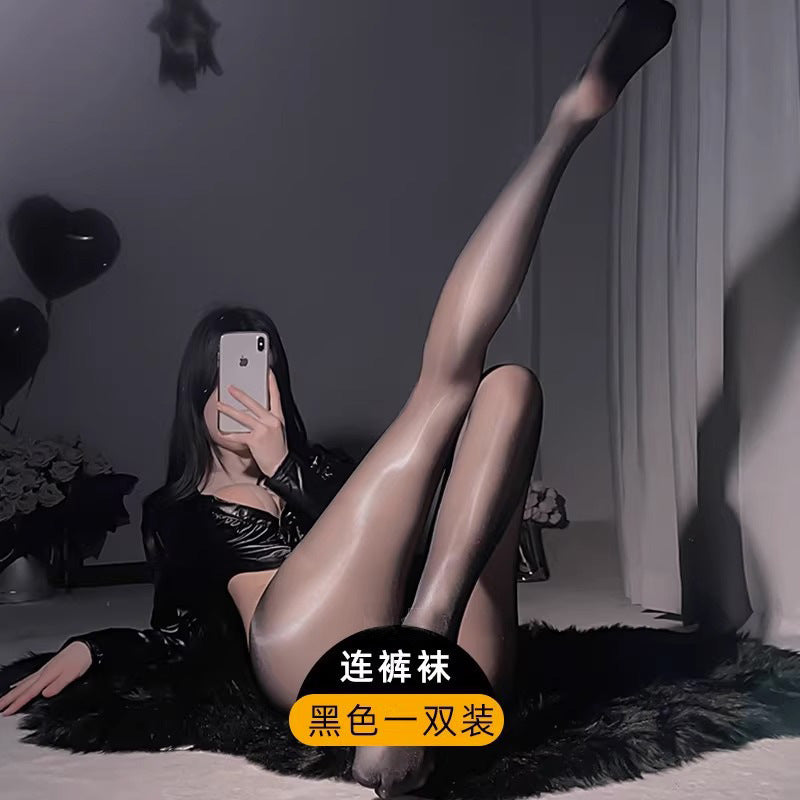 LS Sexy Shiny Stockings Women Black Silk Shiny Stockings Mood Easy to Tear Sexy Lingerie Temptation Open Crotch Stockings