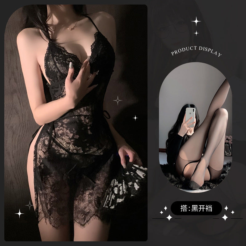 LS Sexy Mesh Pajamas Transparent Sexy Suspender Nightgown Lace Pure Desire Temptation Small Breast Sexy Pajamas