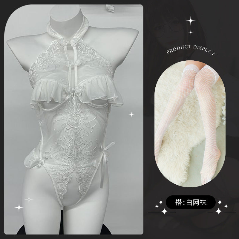 LS Sexy Lingerie Sexy Cheongsam Lace Pure Desire Temptation Open Nightgown Sweet Backless Uniform 8138