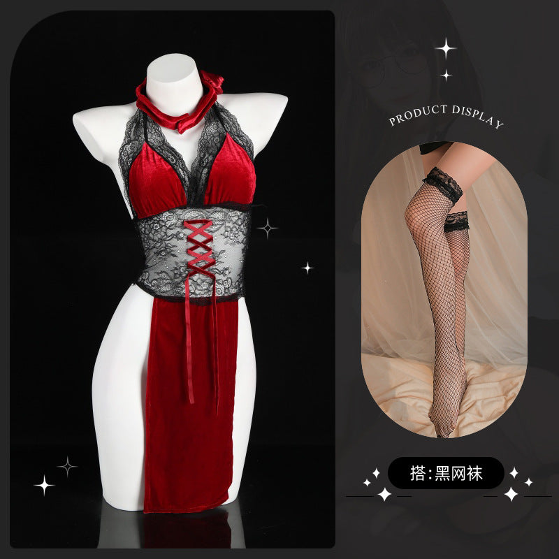 LS Sexy Underwear Lace Perspective Super Spicy Temptation High Waist Split Free Rose Dancer Cheongsam 9252