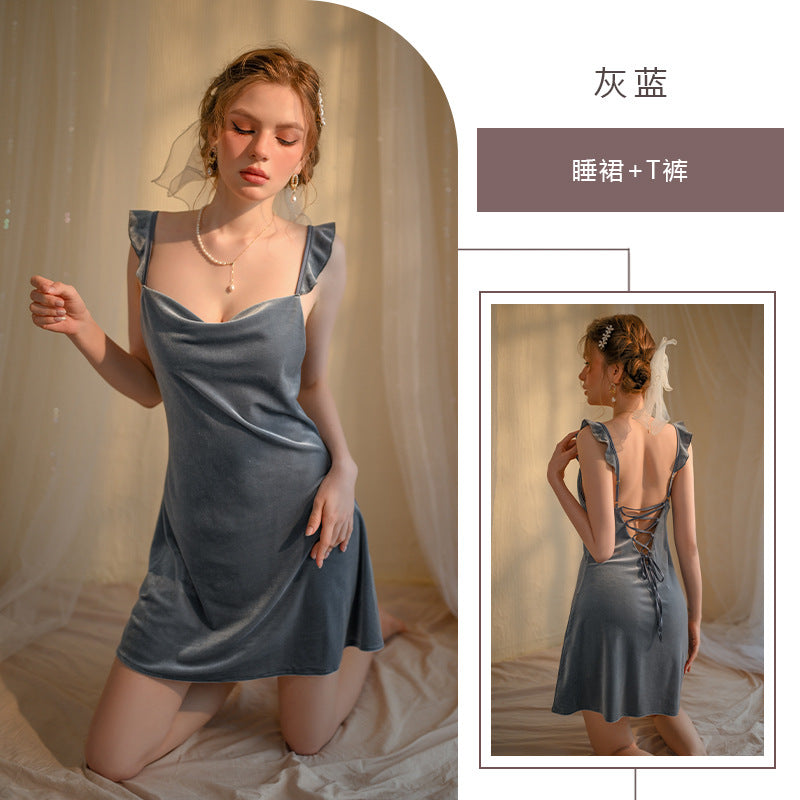 Ying sexy pajamas suit women's Velvet Pure desire wooden ear strap nightdress lace stitching deep V home wear