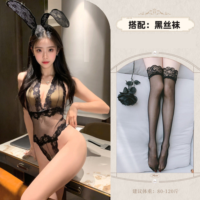 LS Sexy Lingerie Open Crotch Temptation Tight Lace Perspective Mesh No-take-off jumpsuit 8187