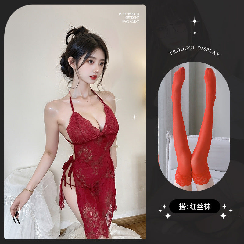 LS Sexy Mesh Pajamas Transparent Sexy Suspender Nightgown Lace Pure Desire Temptation Small Breast Sexy Pajamas