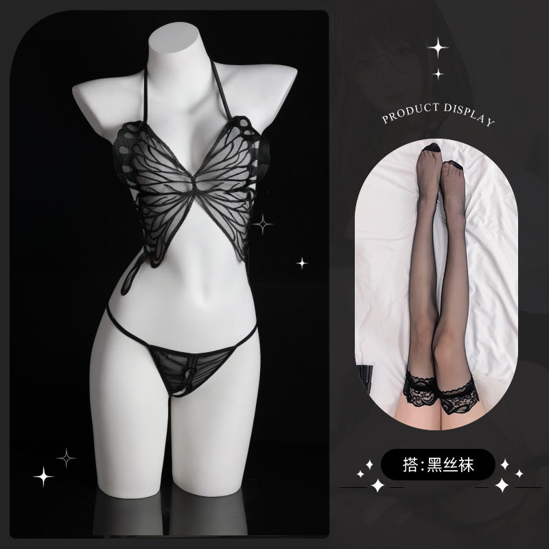 LS Sexy Lingerie Sexy Lace Butterfly Perspective Pure Desire Small Breast Three-Point Bellyband Free Take-Off Suit 8339
