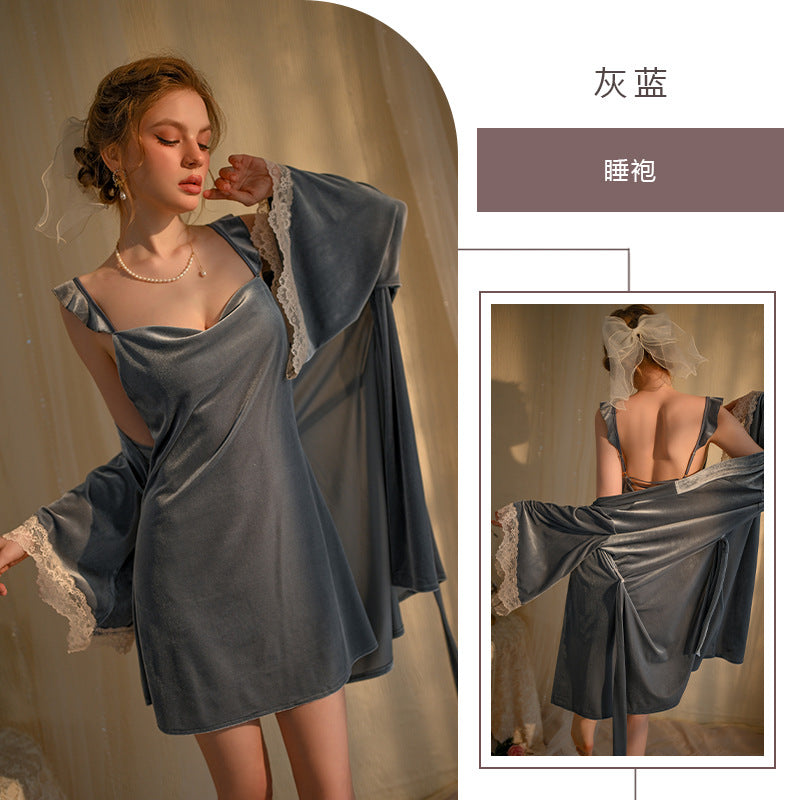 Ying sexy pajamas suit women's Velvet Pure desire wooden ear strap nightdress lace stitching deep V home wear
