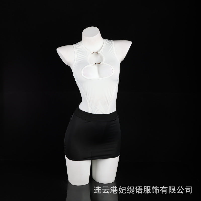 LS Sexy Underwear Sexy Leaky Chest Tight jumpsuit Temptation Hip Skirt No-off Hot Secretary 8249