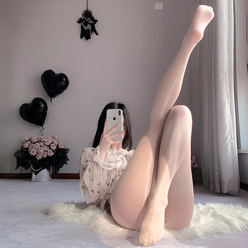 LS Sexy Shiny Stockings Women Black Silk Shiny Stockings Mood Easy to Tear Sexy Lingerie Temptation Open Crotch Stockings