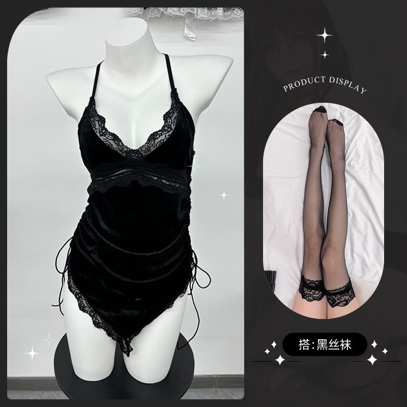 LS Retro French Sexy Lace Pajamas Women's Low Cut Pure Desire Velvet Backless Suspender Nightgown 8349