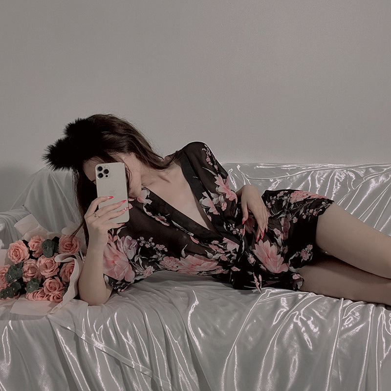 LS Sexy Lingerie Sexy Uniform Temptation Pajamas Pure Desire Japanese Style Cardigan Chiffon Bathrobe Pajamas 8007