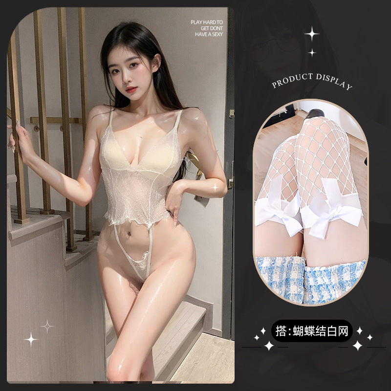 LS Sexy Lingerie Sexy Uniform Temptation Pajamas Pure Desire Small Breasts Show Big Lace Jumpsuit 8149