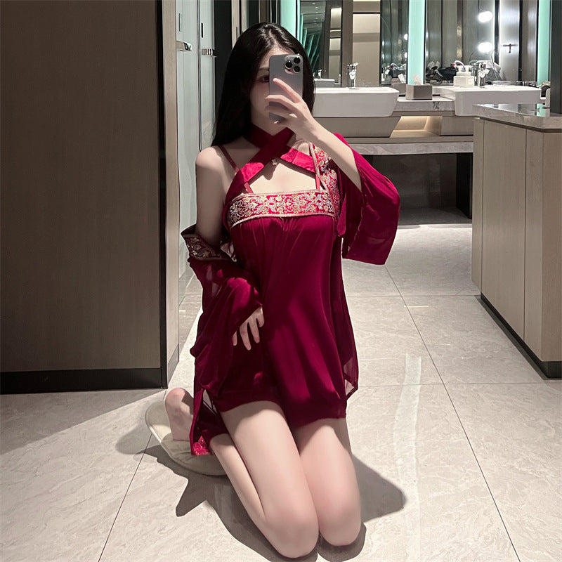 Sexy lingerie sexy three-piece uniform suit see-through soft yarn ancient style red tube top blouse pure desire Hanfu