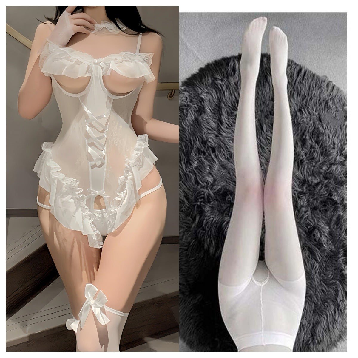 2025 New Sexy Lingerie Sexy Tight Free Pure Bunny Uniform suit Lotus Lace one-piece Women