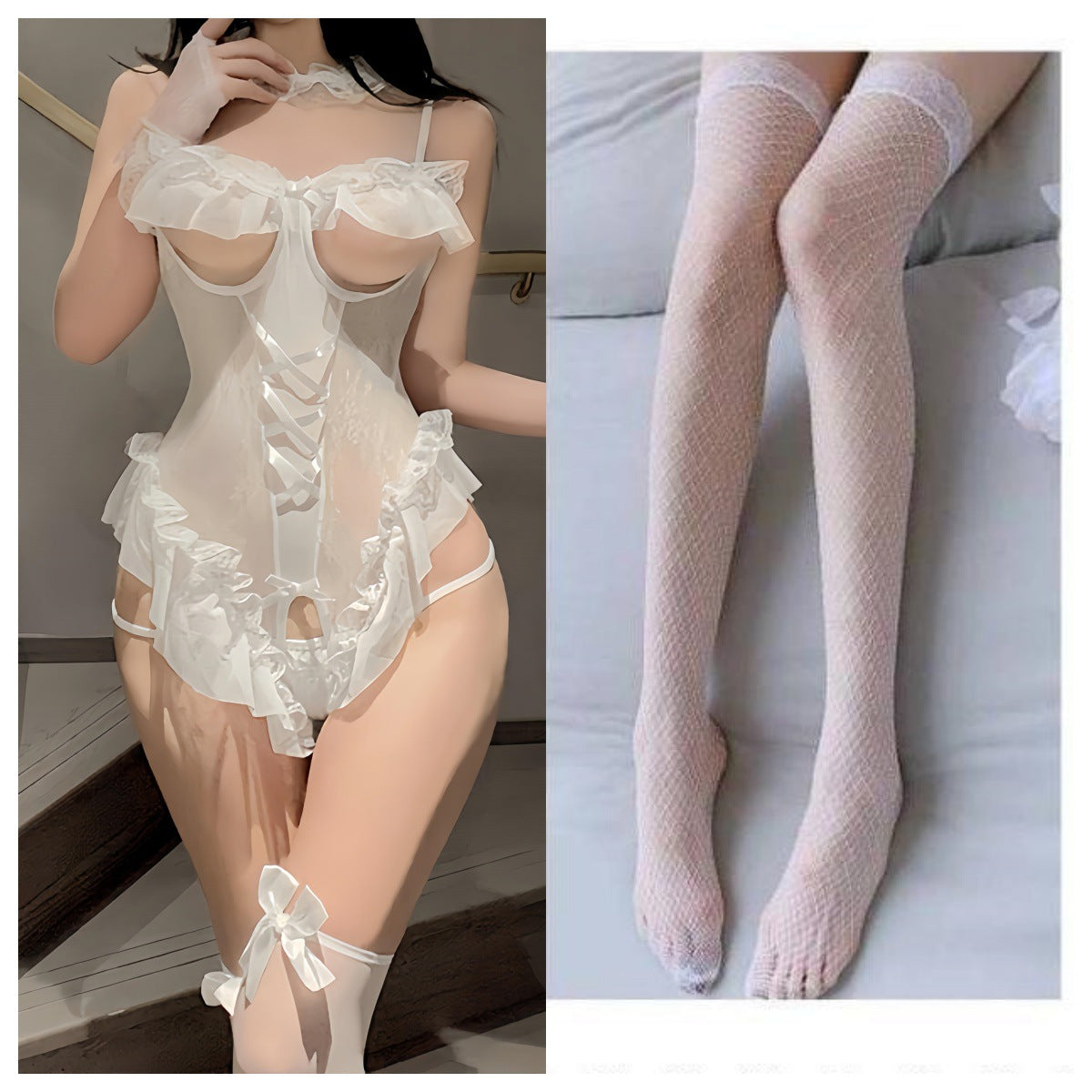 2025 New Sexy Lingerie Sexy Tight Free Pure Bunny Uniform suit Lotus Lace one-piece Women