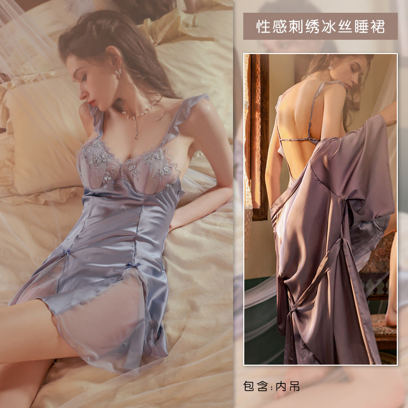 3051 Ying plus size summer ice silk lace nightdress strap sexy pajamas women's summer pure desire style with chest pad