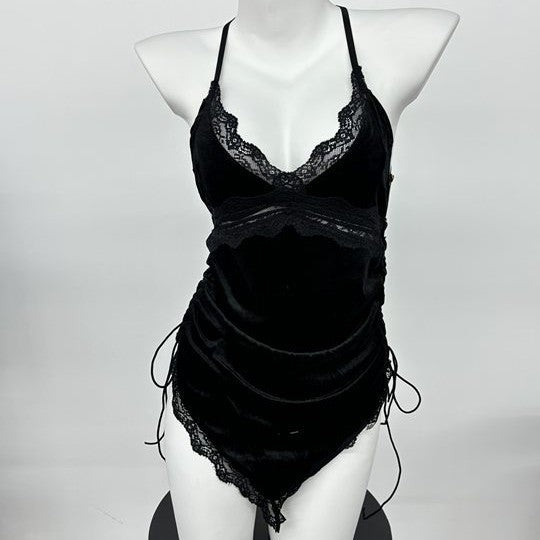 LS Retro French Sexy Lace Pajamas Women's Low Cut Pure Desire Velvet Backless Suspender Nightgown 8349
